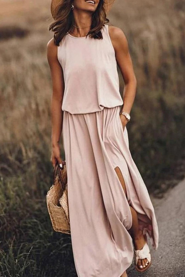 Casual Sleeveless Holiday Solid Round Neck Long Weaving Dress