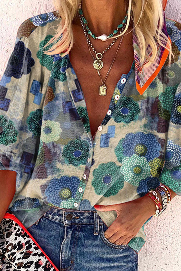 Floral-Print Long Sleeve Shirt Collar Blouses