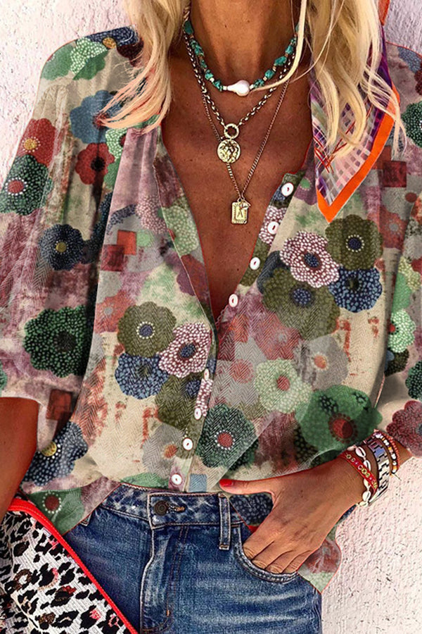 Floral-Print Long Sleeve Shirt Collar Blouses