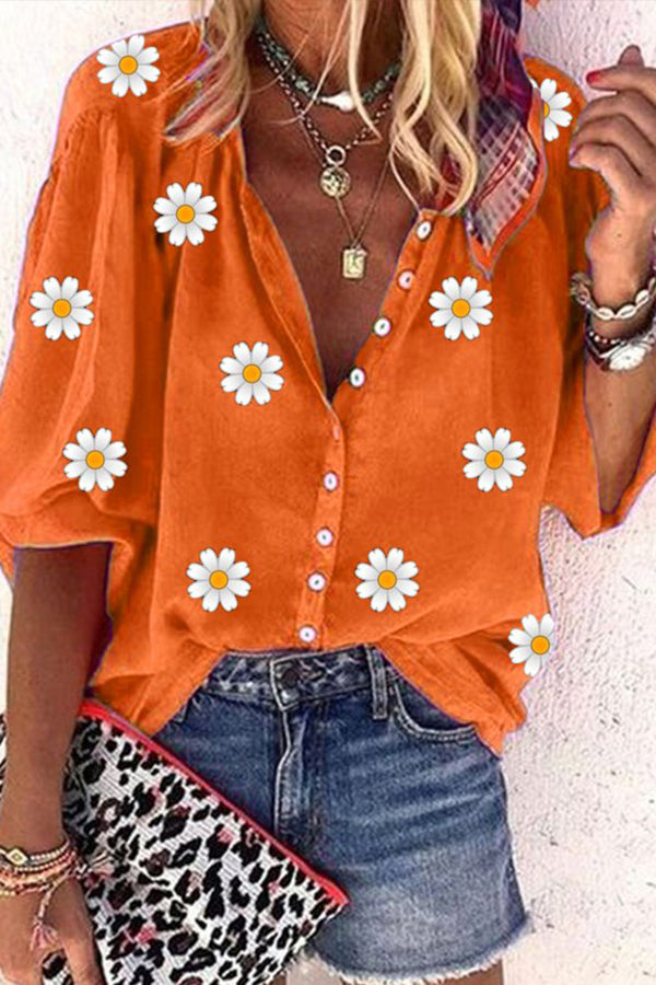 Casual Daisy Loose V neck Three Quarter Blouse