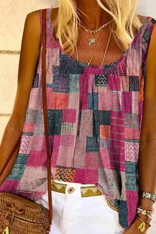 Casual Scoop Neck Patchwork Print Sleeveless Loose