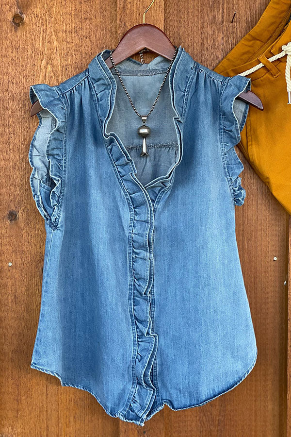 Ruffled Sleeveless Denim Shirt