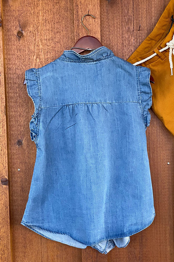 Ruffled Sleeveless Denim Shirt