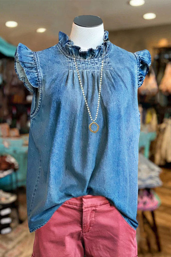 Classic Denim Pleated Ruffle Sleeve Top