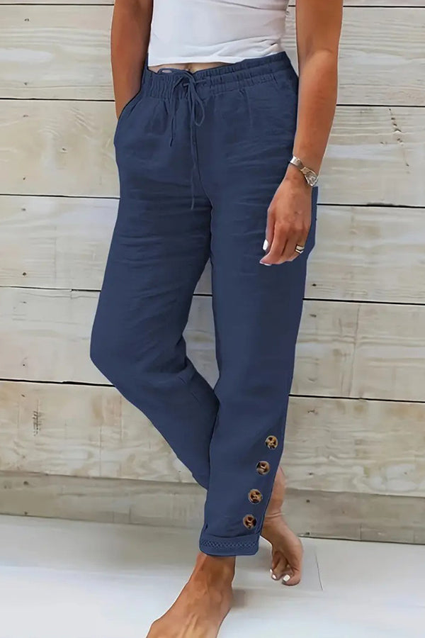 Solid Drawstring Waist Cotton Pants