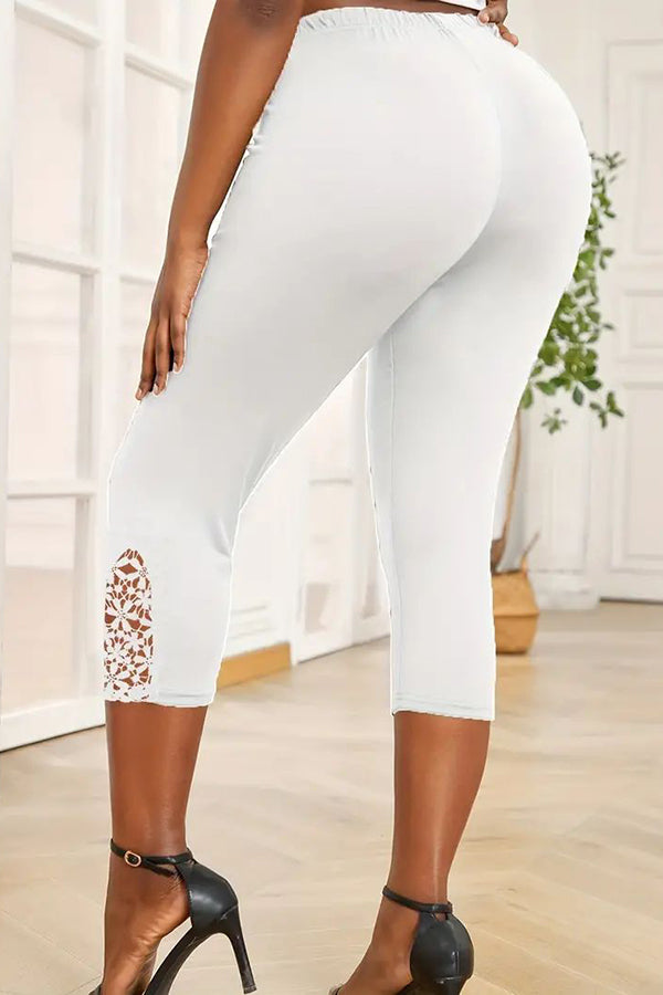 Solid Lace Stitching Capris Leggings