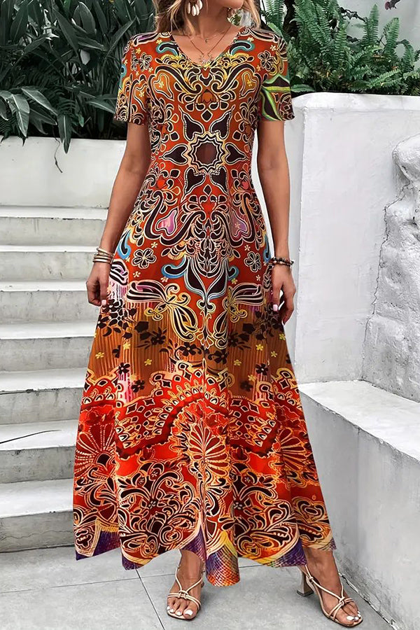 Ethnic Floral Print Dress, Boho V Neck Short Sleeve Maxi Dress