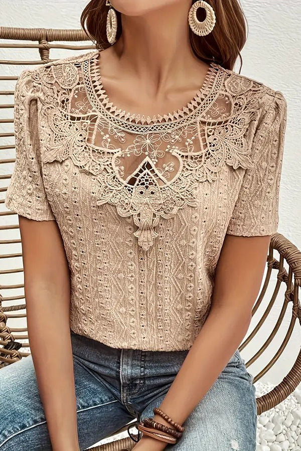 Elegant Lace-Trimmed Crew Neck Blouse for Women