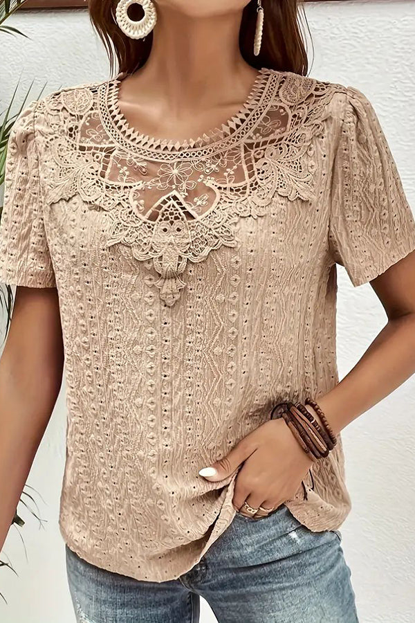 Elegant Lace-Trimmed Crew Neck Blouse for Women