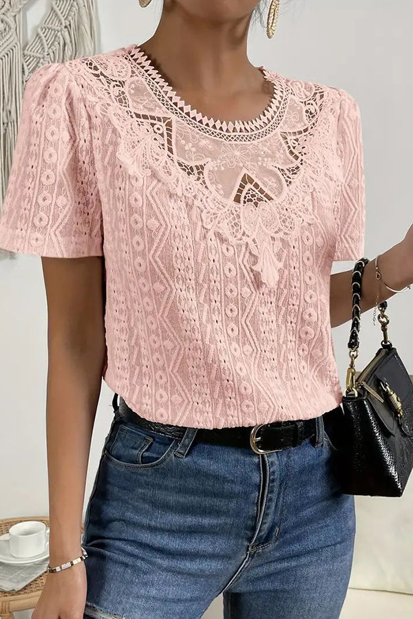 Elegant Lace-Trimmed Crew Neck Blouse for Women