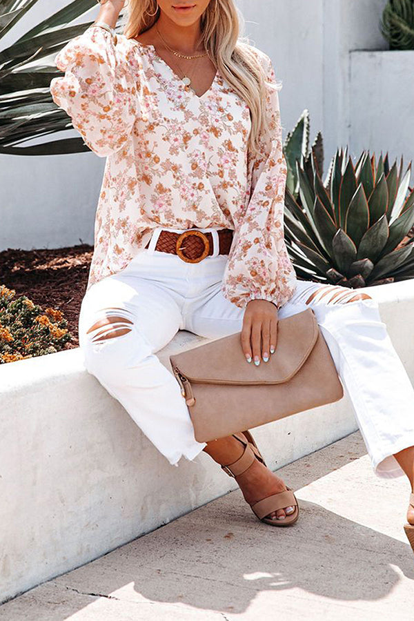 Chic Floral Print V-Neck Blouse