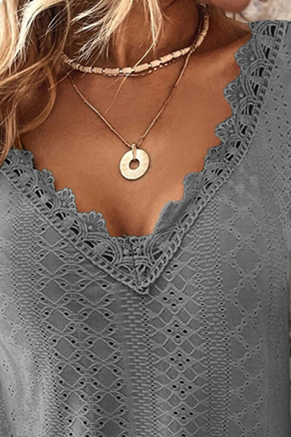 Eyelet Lace Detail V-Neck Blouse