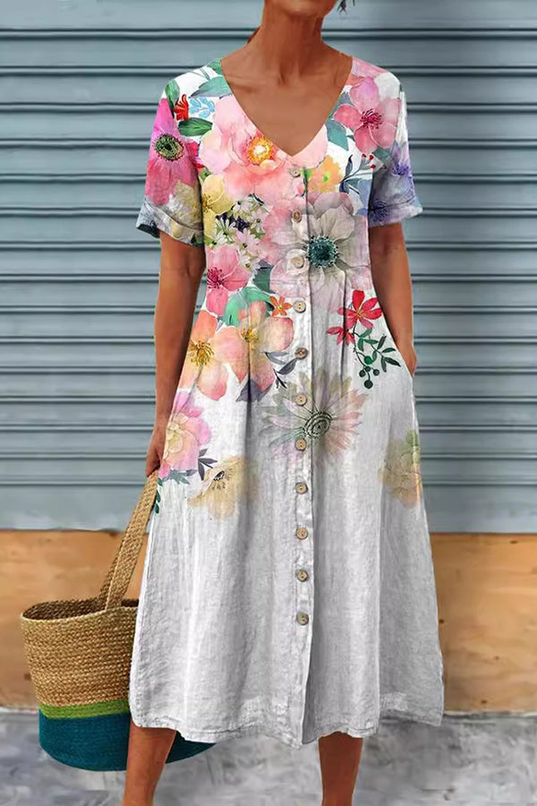 Casual V Neck Floral Dress