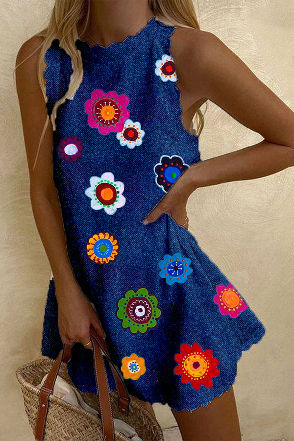 Artistic Floral Sleeveless Thin Denim Mini Dress