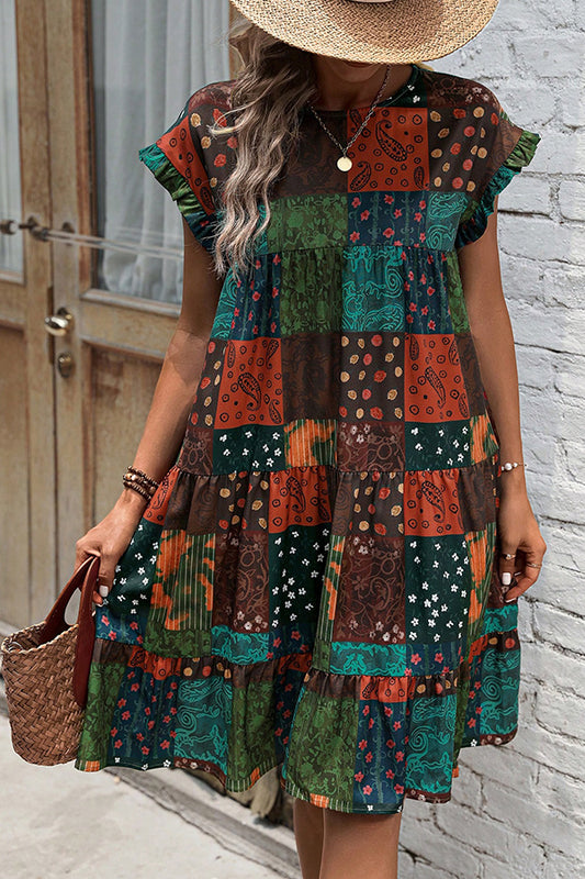 Patchwork Print Batwing Sleeve Ruffle Hem Smock Dress