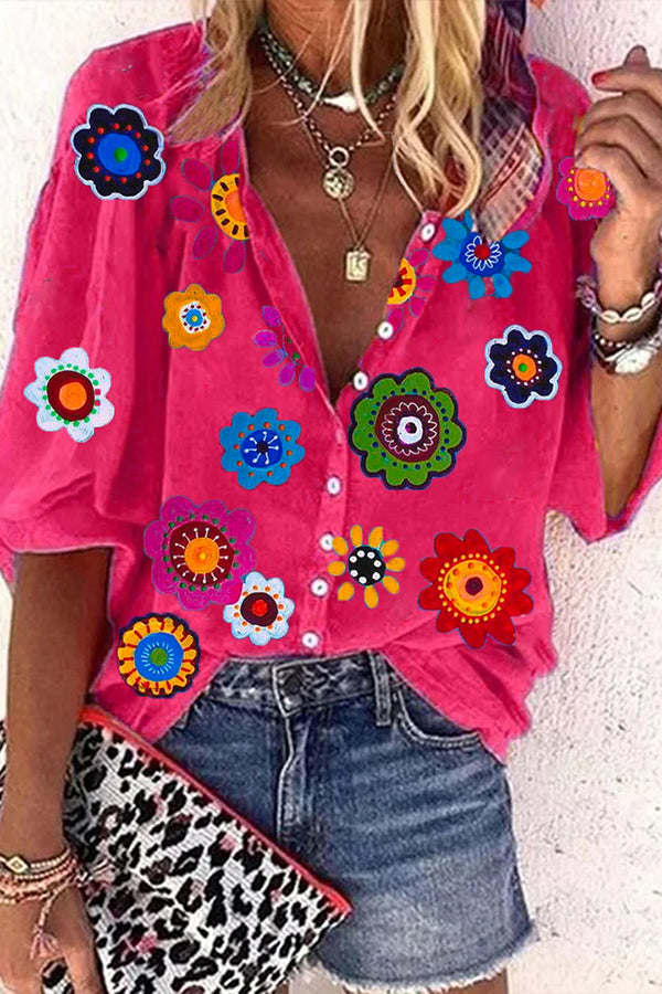 Art Floral Print Hot Pink Top