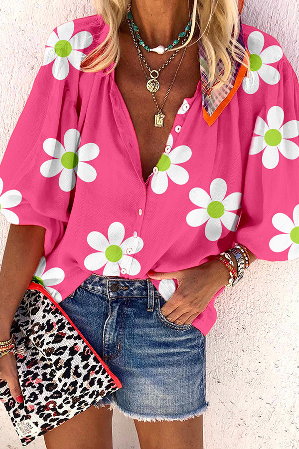 3/4 Sleeve Floral Print V-Neck Shirt