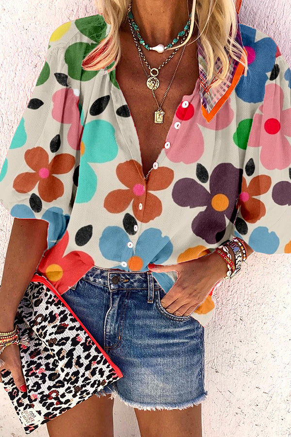 3/4 Sleeve Colorful Flower Print V-Neck Shirt