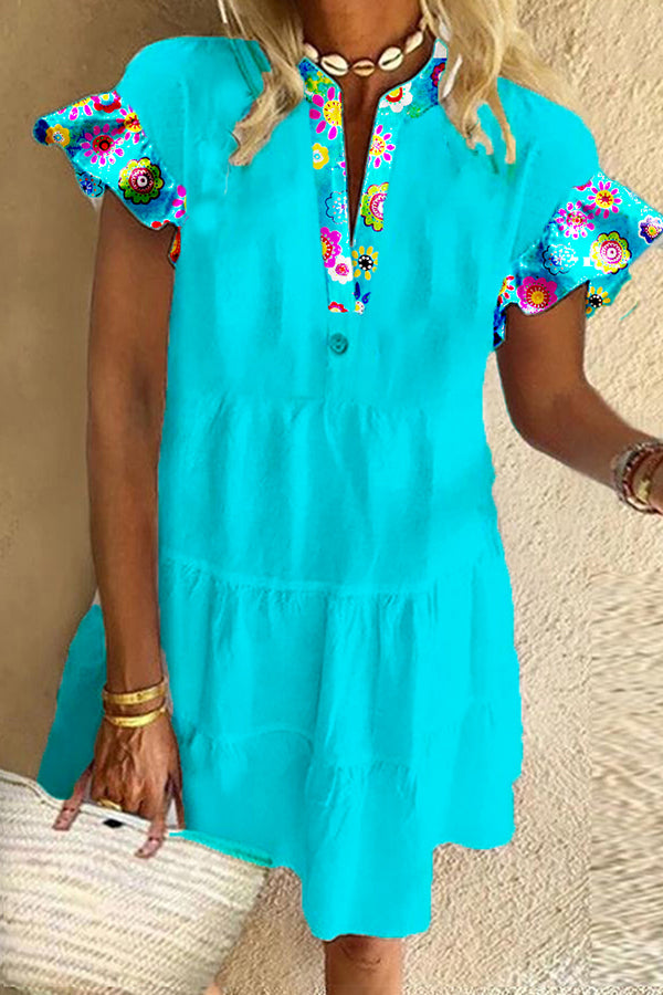 Lively Color Neck Floral Print Dress