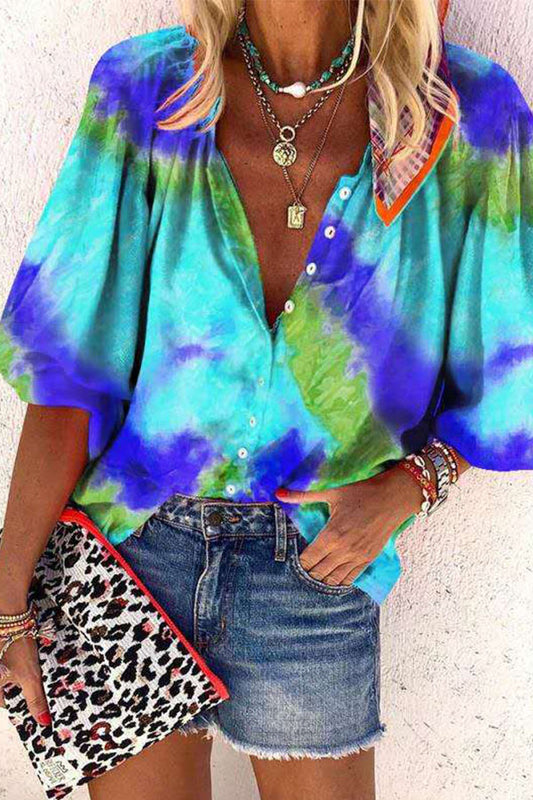 Tie-dye Print Long-sleeved V-neck Button-down Shirt