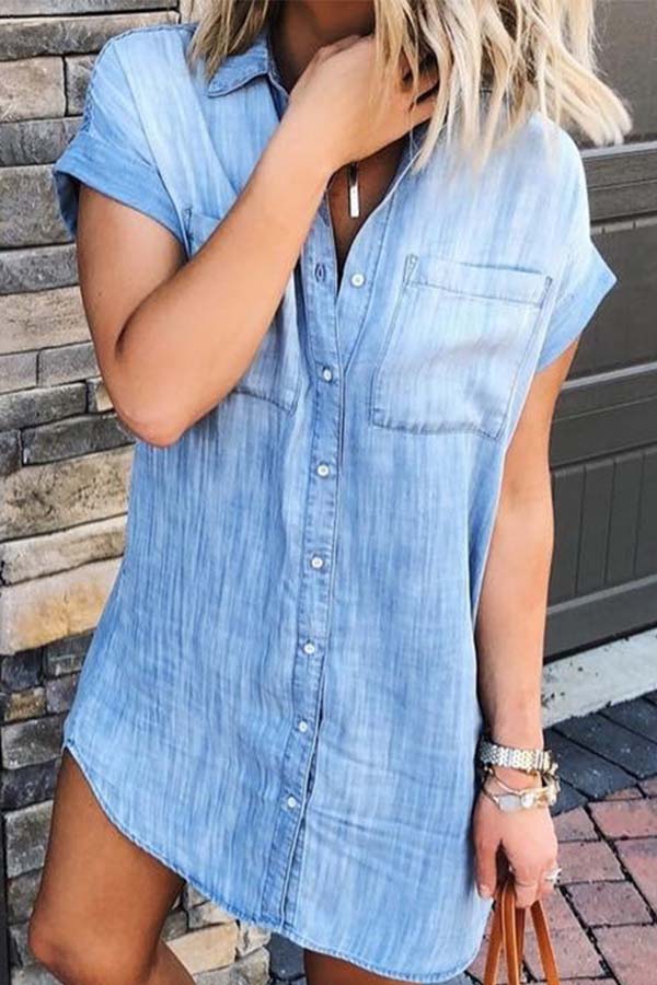 Casual Everyday Button Down Short Sleeve Denim Shirt Dress