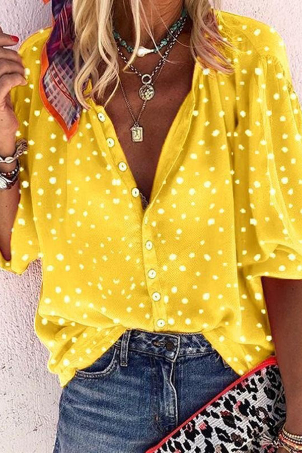 Polka Dot Print Light and Breathable V-neck Long-sleeved Top