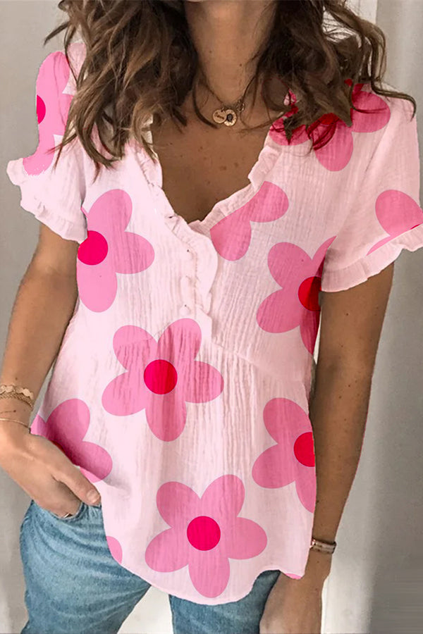 Tender Floral Print Ruffled V-neck T-shirt