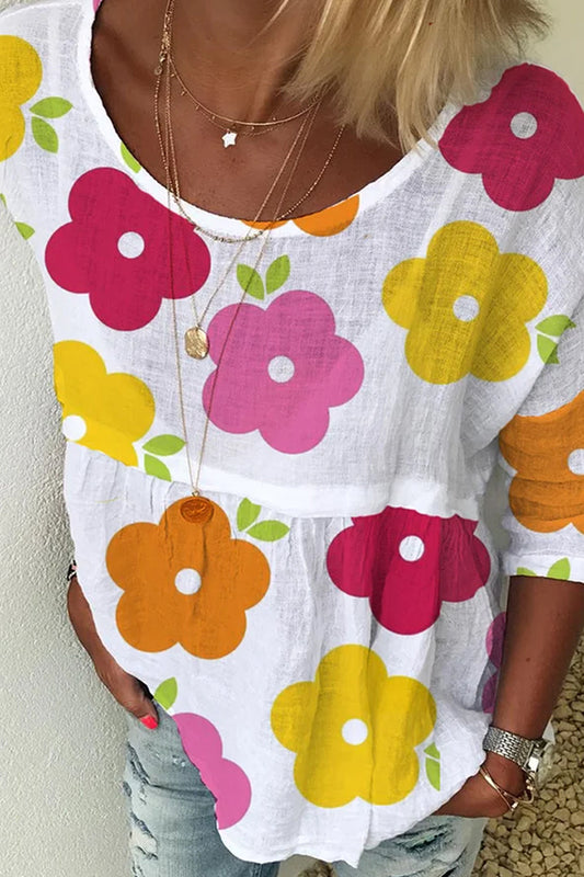 3/4 Sleeve Scoop Neck Flower Printed Cotton Linen T-Shirt