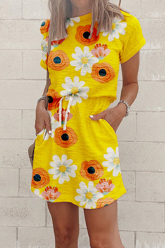 Tangerine Floral Print Drawstring Casual Dress