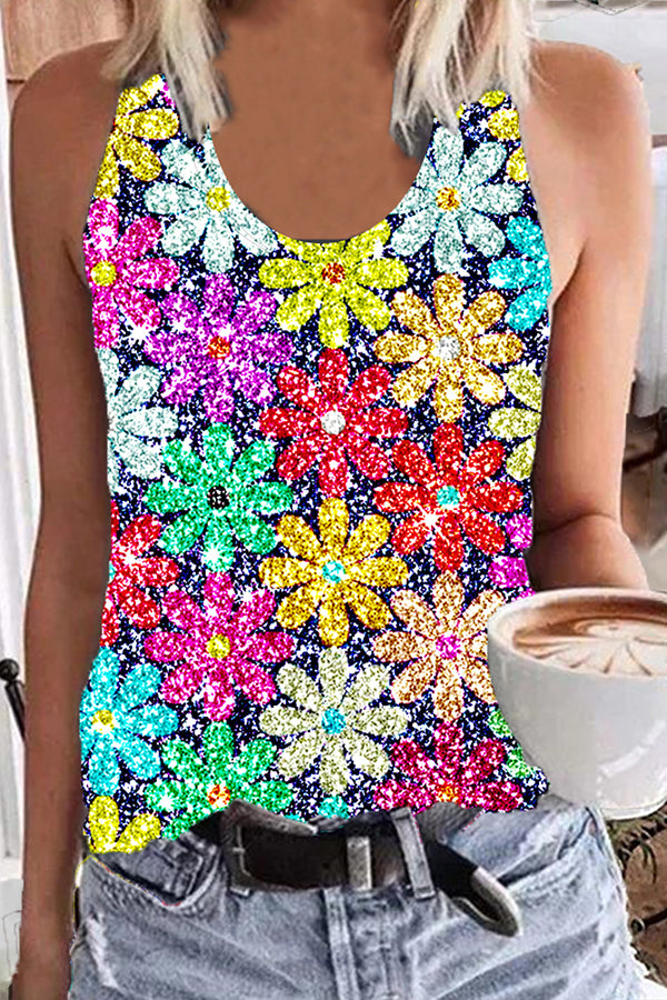 Shiny Colorful Flowers U-Neck Tank Top