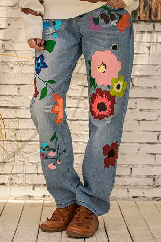 All Season Denim Floral Casual Jeans