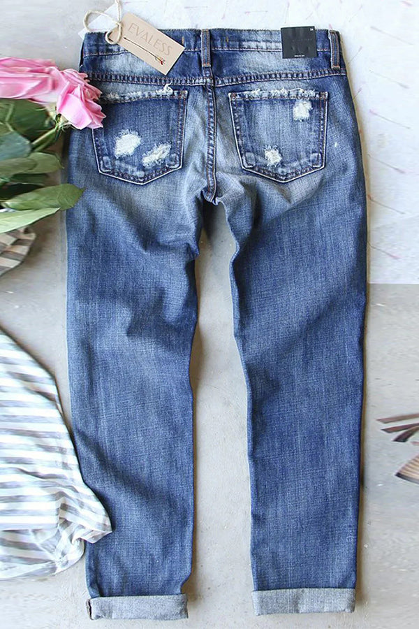 Ripped Patch Mid-Rise Jeans