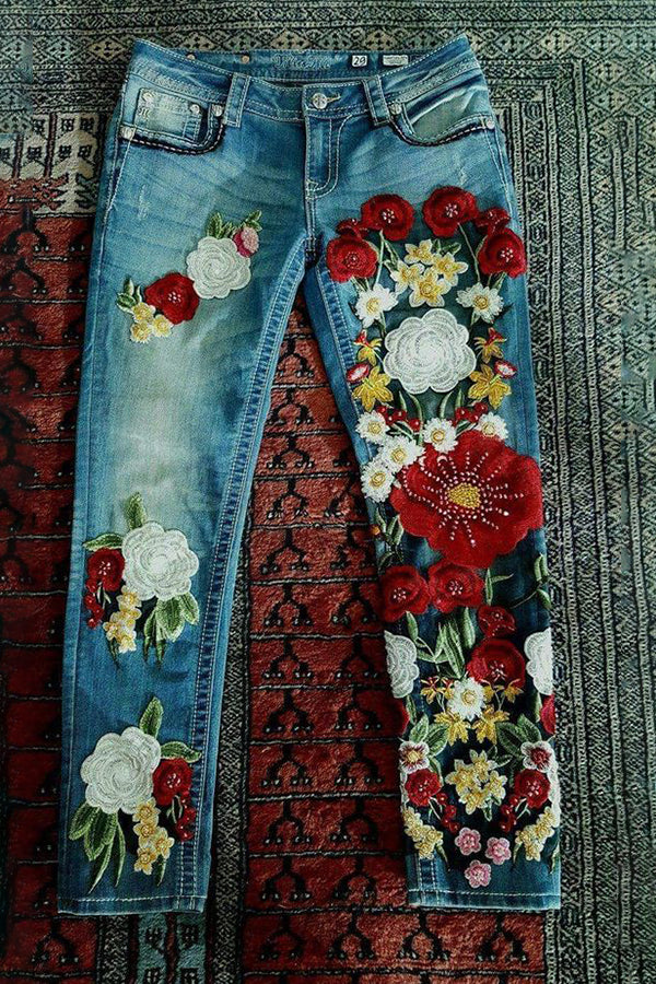 Appliqu¡§|d Embroidered Retro Jeans