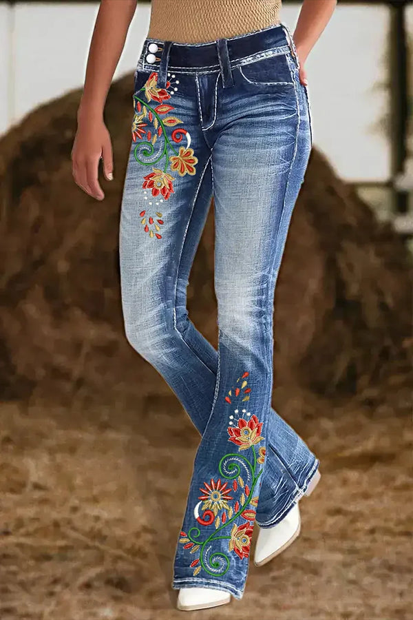 West Style Loose Floral Jeans