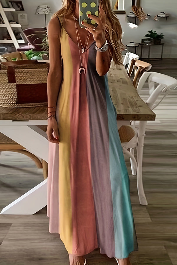 Casual And Comfortable Vertical Stripe Color Block Maxi Dress