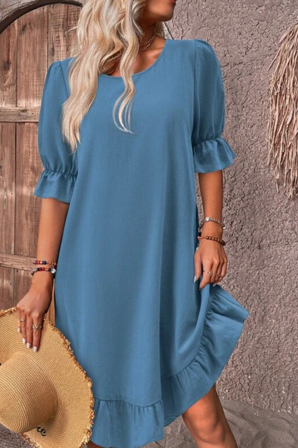 Solid Round Neck Ruffle Hem Linen Dress