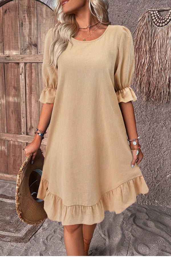 Solid Round Neck Ruffle Hem Linen Dress