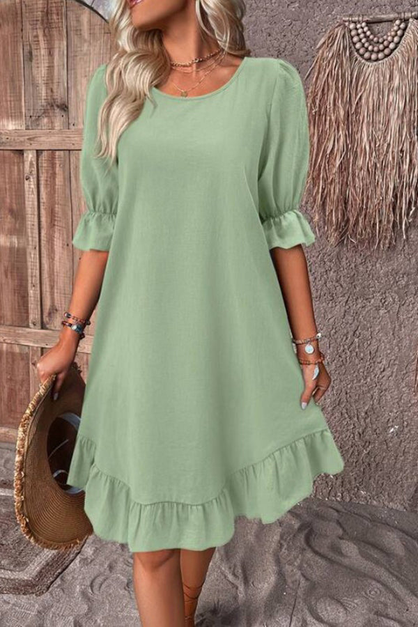 Solid Round Neck Ruffle Hem Linen Dress