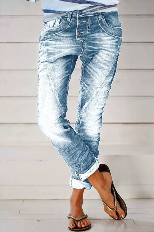 Drawstring Elastic Waist Washed Lounge Jeans