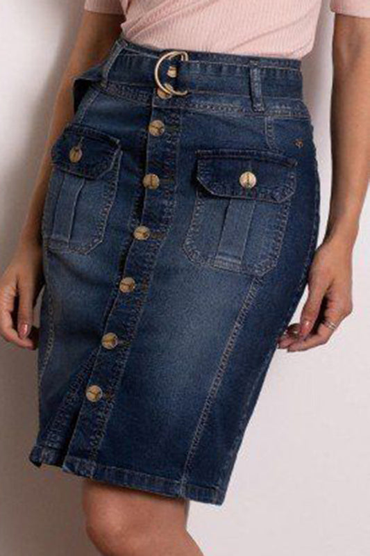 Button Breasted Cover Hip Denim Skirt